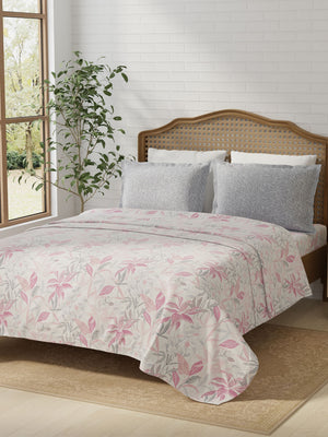100% Cotton 180 TC, King Size Pink & Grey Bedsheet with 2 Pillow Covers, Pure Nest Collection (Floral Print)