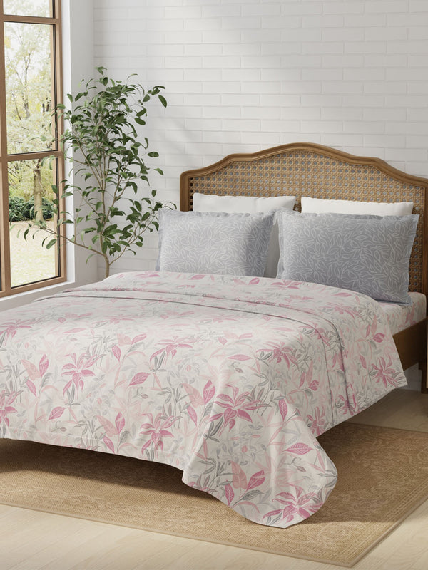 100% Cotton 180 TC, King Size Pink & Grey Bedsheet with 2 Pillow Covers, Pure Nest Collection (Floral Print)