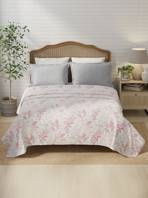100% Cotton 180 TC, King Size Pink & Grey Bedsheet with 2 Pillow Covers, Pure Nest Collection (Floral Print)