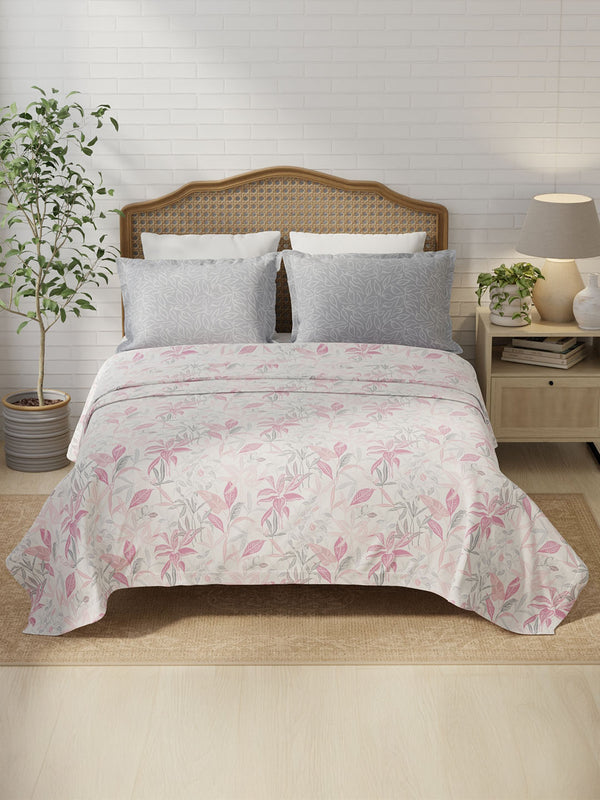 100% Cotton 180 TC, King Size Pink & Grey Bedsheet with 2 Pillow Covers, Pure Nest Collection (Floral Print)