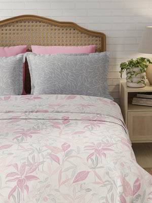 Pure Nest 100% Cotton 180 TC Pink & Grey Floral King Bedsheet with 2 Pillow Covers