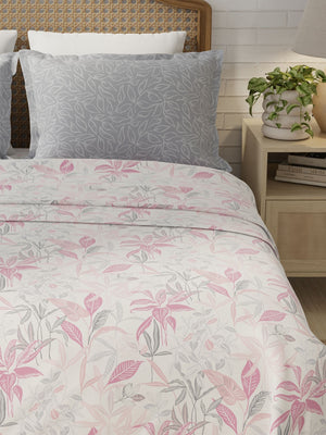 100% Cotton 180 TC, King Size Pink & Grey Bedsheet with 2 Pillow Covers, Pure Nest Collection (Floral Print)