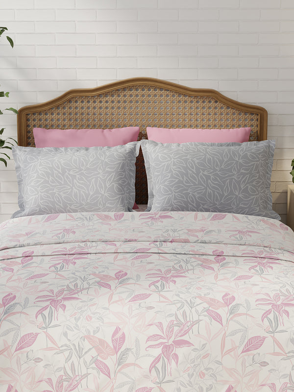 Pure Nest 100% Cotton 180 TC Pink & Grey Floral King Bedsheet with 2 Pillow Covers