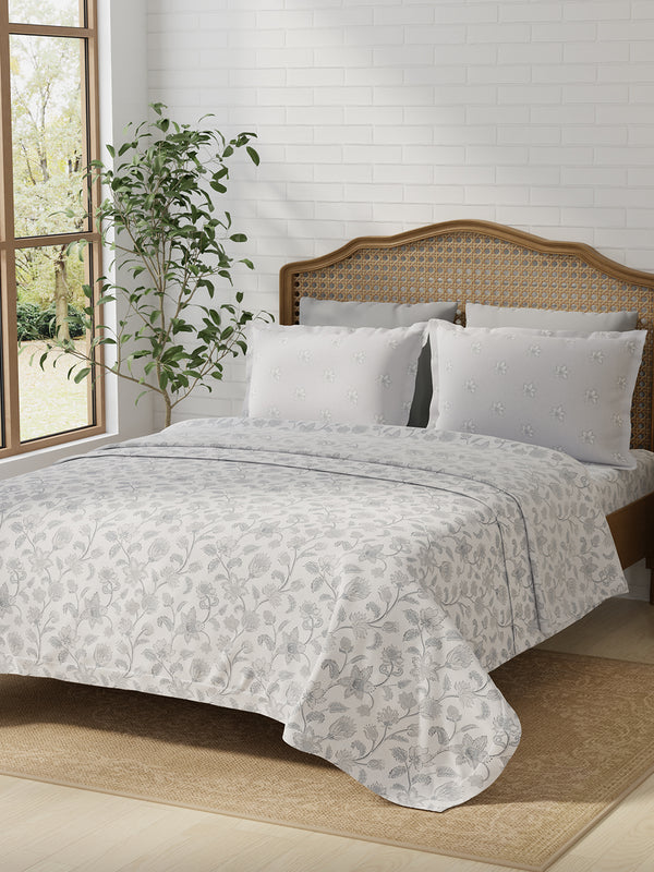 Pure Nest 100% Cotton 180 TC Grey & White Floral King Bedsheet with 2 Pillow Covers