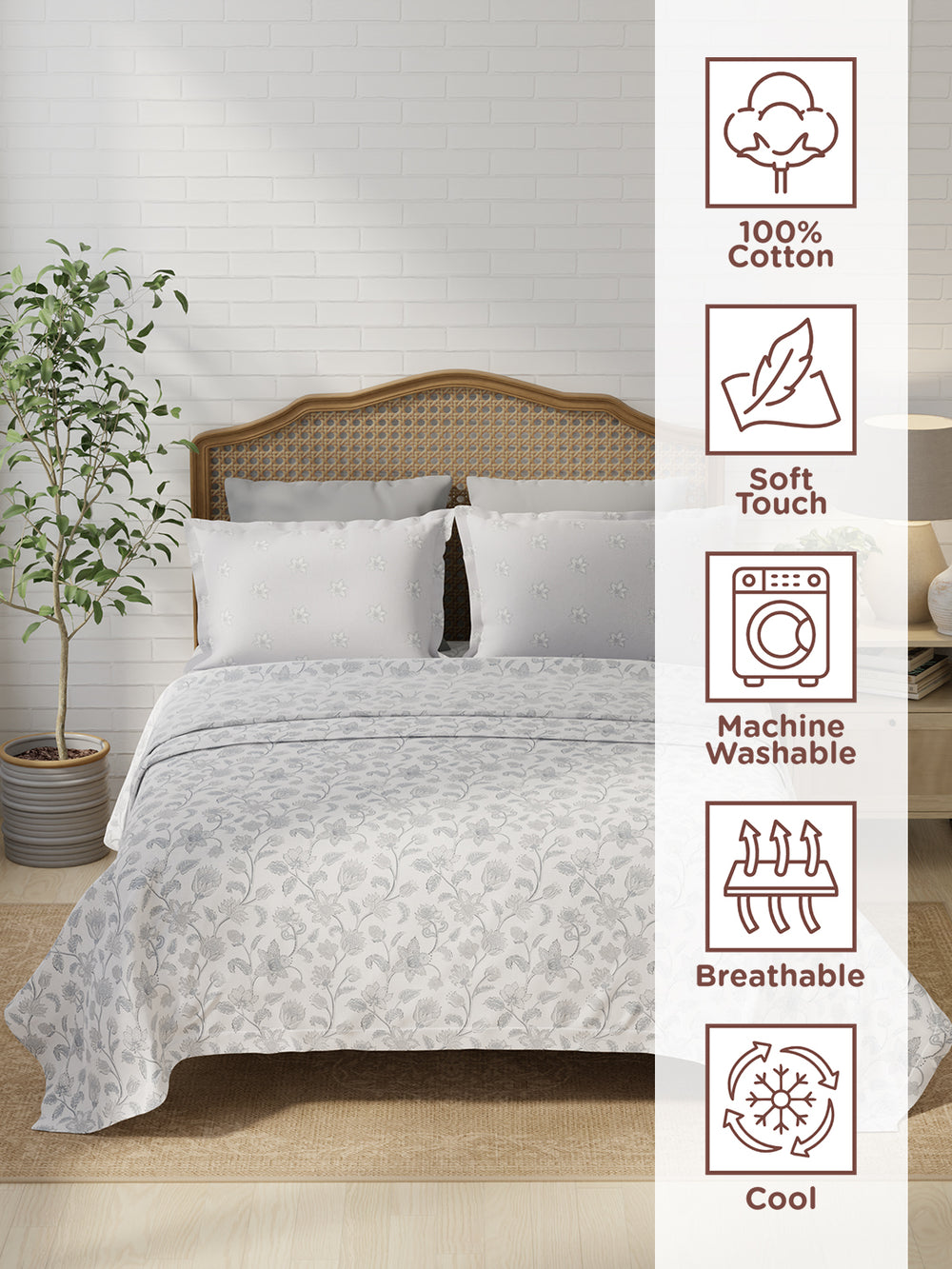 Pure Nest 100% Cotton 180 TC Grey & White Floral King Bedsheet with 2 Pillow Covers