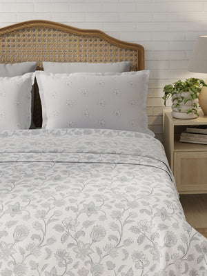 Pure Nest 100% Cotton 180 TC Grey & White Floral King Bedsheet with 2 Pillow Covers