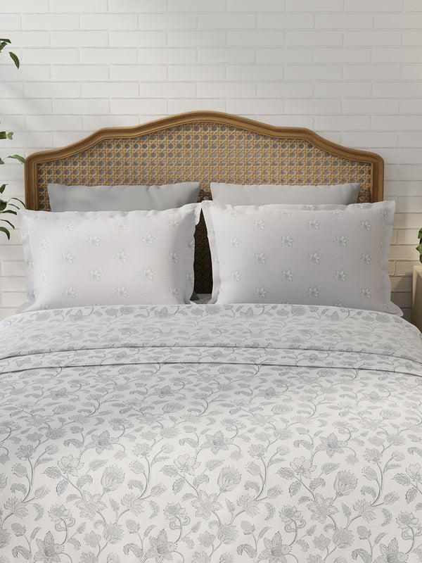 Pure Nest 100% Cotton 180 TC Grey & White Floral King Bedsheet with 2 Pillow Covers