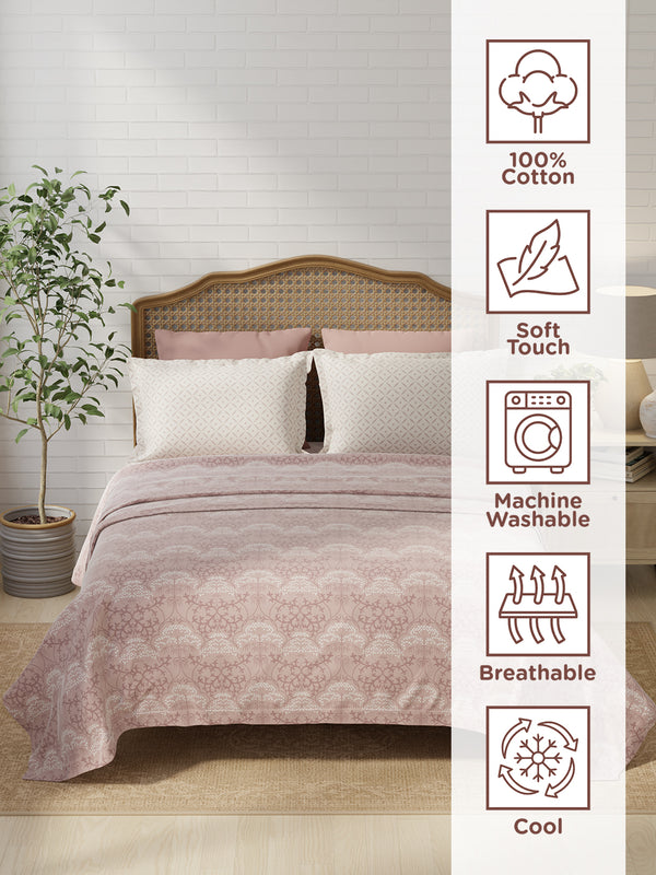 100% Cotton 180 TC, King Size Pink Bedsheet with 2 Pillow Covers, Pure Nest Collection (Ethnic Print)