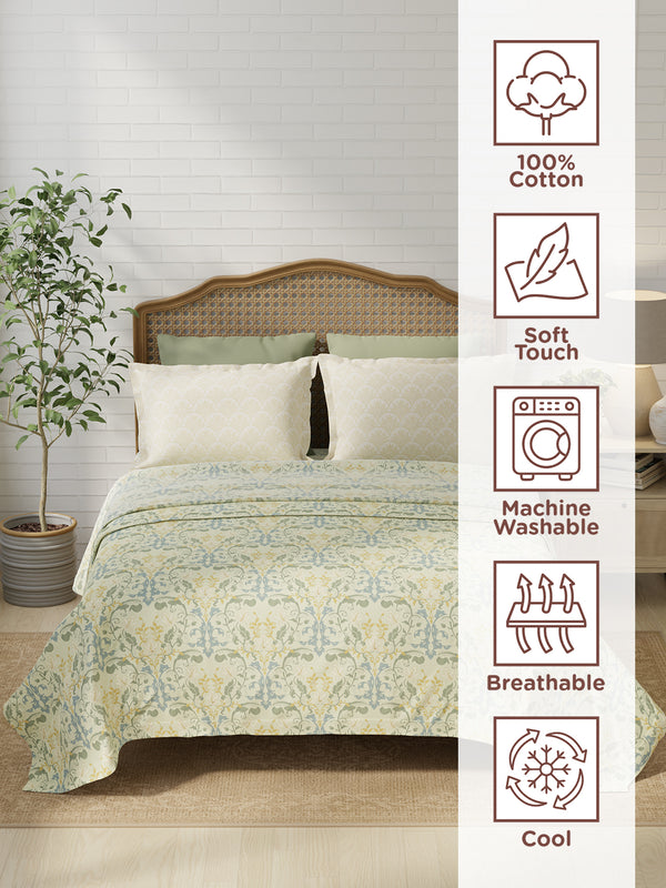 100% Cotton 180 TC, King Size Yellow Bedsheet with 2 Pillow Covers, Pure Nest Collection (Floral Print)