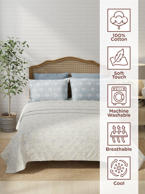 Pure Nest 100% Cotton 180 TC Blue Floral King Bedsheet with 2 Pillow Covers