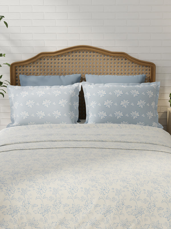 Pure Nest 100% Cotton 180 TC Blue Floral King Bedsheet with 2 Pillow Covers