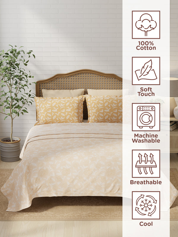 100% Cotton 180 TC, King Size Yellow Bedsheet with 2 Pillow Covers, Pure Nest Collection (Floral Print)