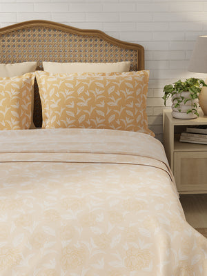 100% Cotton 180 TC, King Size Yellow Bedsheet with 2 Pillow Covers, Pure Nest Collection (Floral Print)