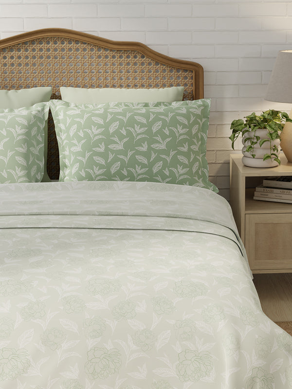 Pure Nest 100% Cotton 180 TC Green Floral King Bedsheet with 2 Pillow Covers