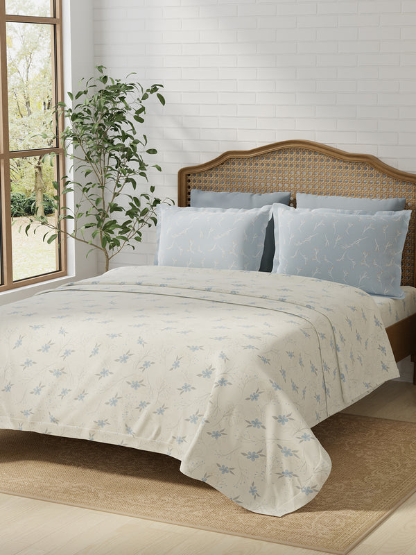 Pure Nest 100% Cotton 180 TC Blue & White Floral King Bedsheet with 2 Pillow Covers