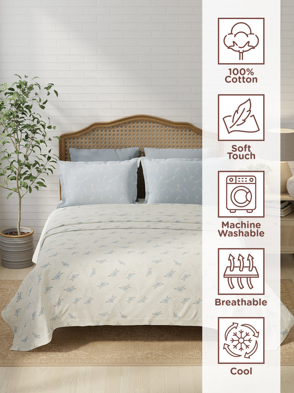 Pure Nest 100% Cotton 180 TC Blue & White Floral King Bedsheet with 2 Pillow Covers