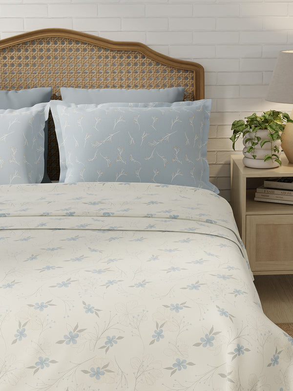Pure Nest 100% Cotton 180 TC Blue & White Floral King Bedsheet with 2 Pillow Covers