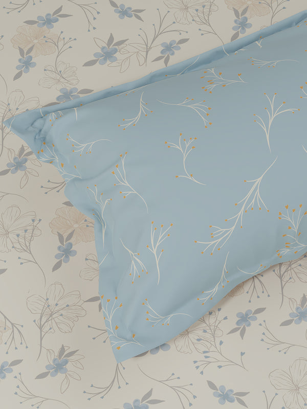 Pure Nest 100% Cotton 180 TC Blue & White Floral King Bedsheet with 2 Pillow Covers