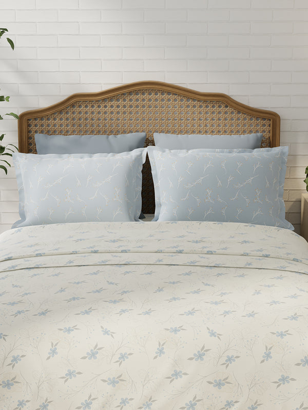 Pure Nest 100% Cotton 180 TC Blue & White Floral King Bedsheet with 2 Pillow Covers