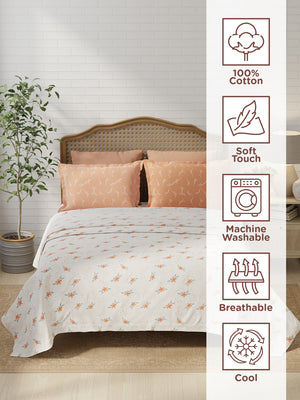 Pure Nest 100% Cotton 180 TC Orange & White Floral King Bedsheet with 2 Pillow Covers