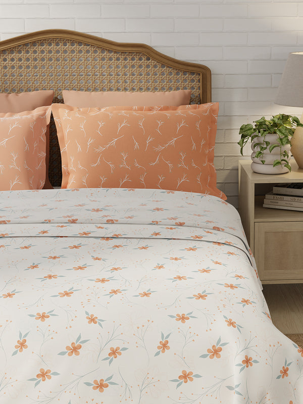 Pure Nest 100% Cotton 180 TC Orange & White Floral King Bedsheet with 2 Pillow Covers
