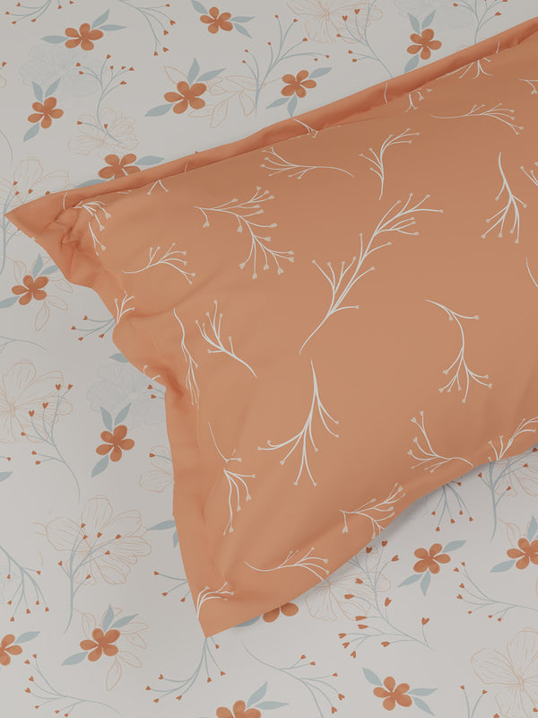 Pure Nest 100% Cotton 180 TC Orange & White Floral King Bedsheet with 2 Pillow Covers