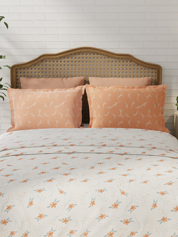 Pure Nest 100% Cotton 180 TC Orange & White Floral King Bedsheet with 2 Pillow Covers