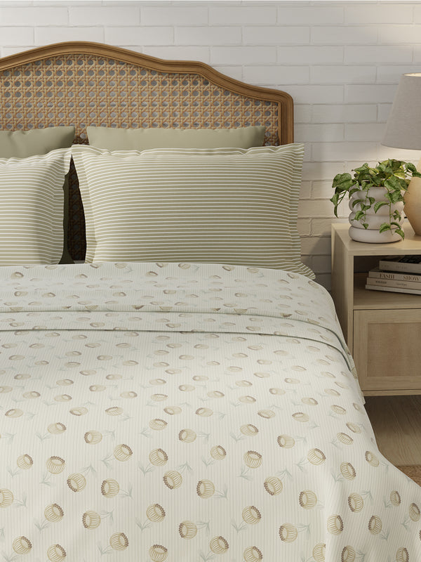 Pure Nest 100% Cotton 180 TC Brown & White Floral King Bedsheet with 2 Pillow Covers