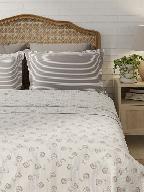 Pure Nest 100% Cotton 180 TC Grey & White Floral King Bedsheet with 2 Pillow Covers