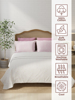 Pure Nest 100% Cotton 180 TC Pink & White Floral King Bedsheet with 2 Pillow Covers
