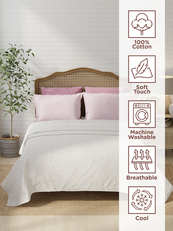 Pure Nest 100% Cotton 180 TC Pink & White Floral King Bedsheet with 2 Pillow Covers
