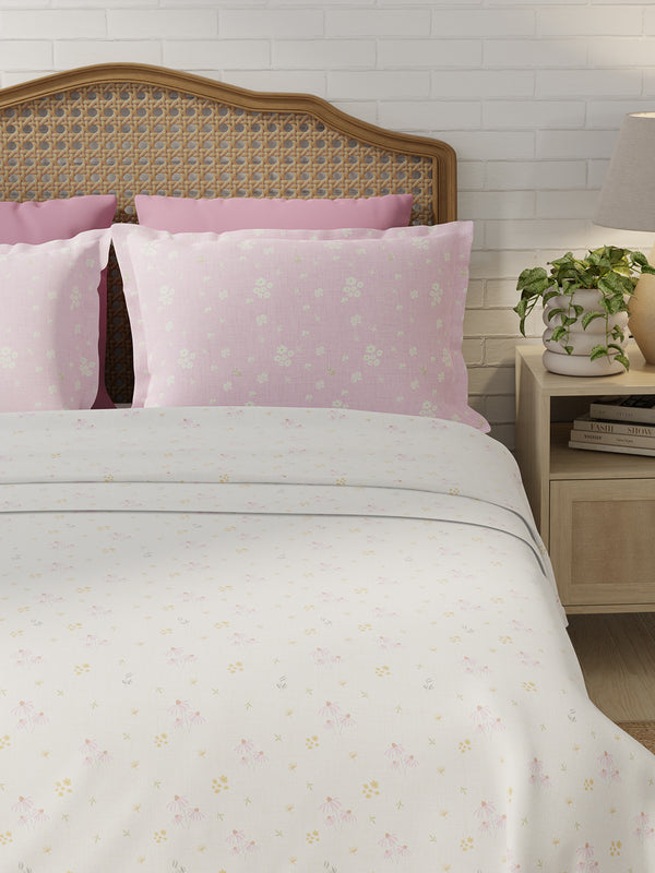 Pure Nest 100% Cotton 180 TC Pink & White Floral King Bedsheet with 2 Pillow Covers