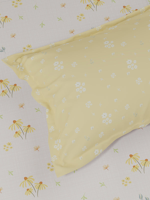 Pure Nest 100% Cotton 180 TC Yellow & White Floral King Bedsheet with 2 Pillow Covers