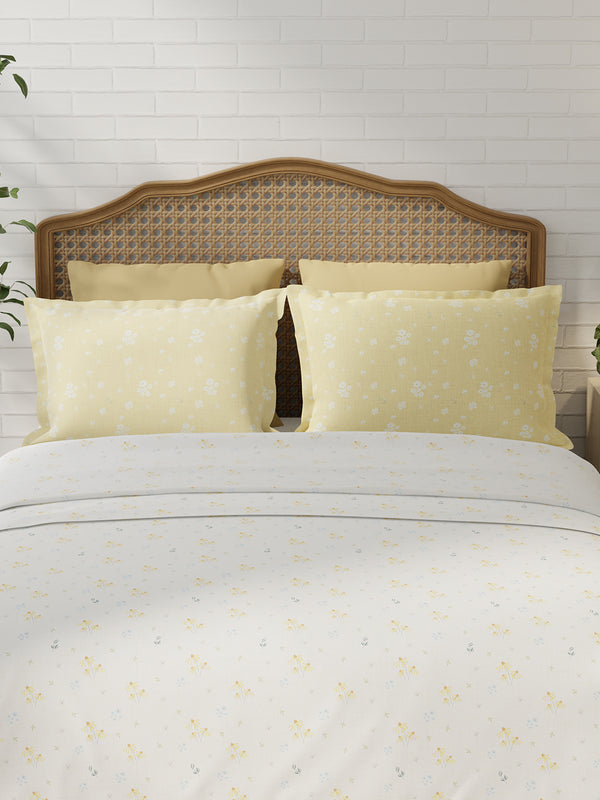 Pure Nest 100% Cotton 180 TC Yellow & White Floral King Bedsheet with 2 Pillow Covers