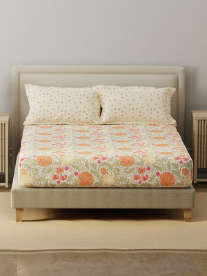 BasicX 100% Cotton 120 TC Yellow & Grey Floral King Bedsheet with 2 Pillow Covers