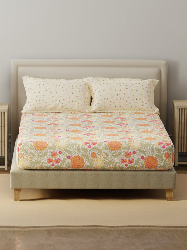 BasicX 100% Cotton 120 TC Yellow & Grey Floral King Bedsheet with 2 Pillow Covers