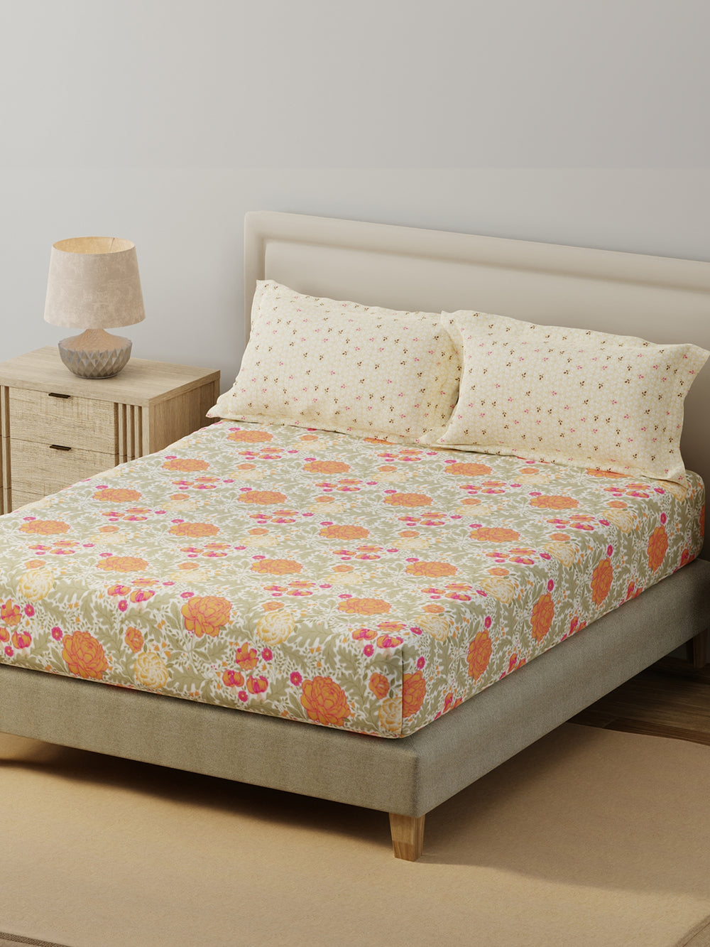 BasicX 100% Cotton 120 TC Yellow & Grey Floral King Bedsheet with 2 Pillow Covers