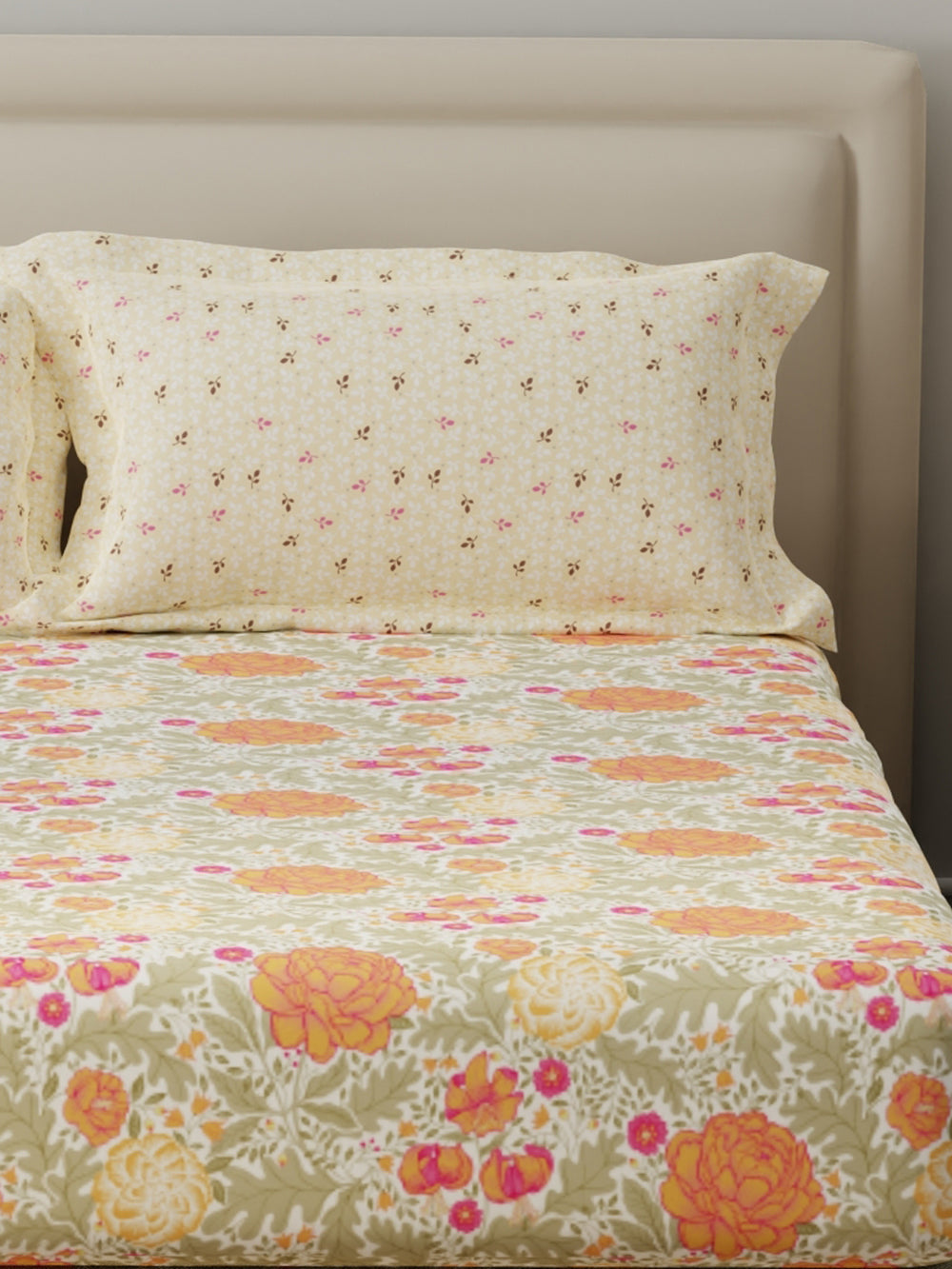 BasicX 100% Cotton 120 TC Yellow & Grey Floral King Bedsheet with 2 Pillow Covers