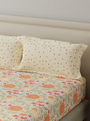 BasicX 100% Cotton 120 TC Yellow & Grey Floral King Bedsheet with 2 Pillow Covers