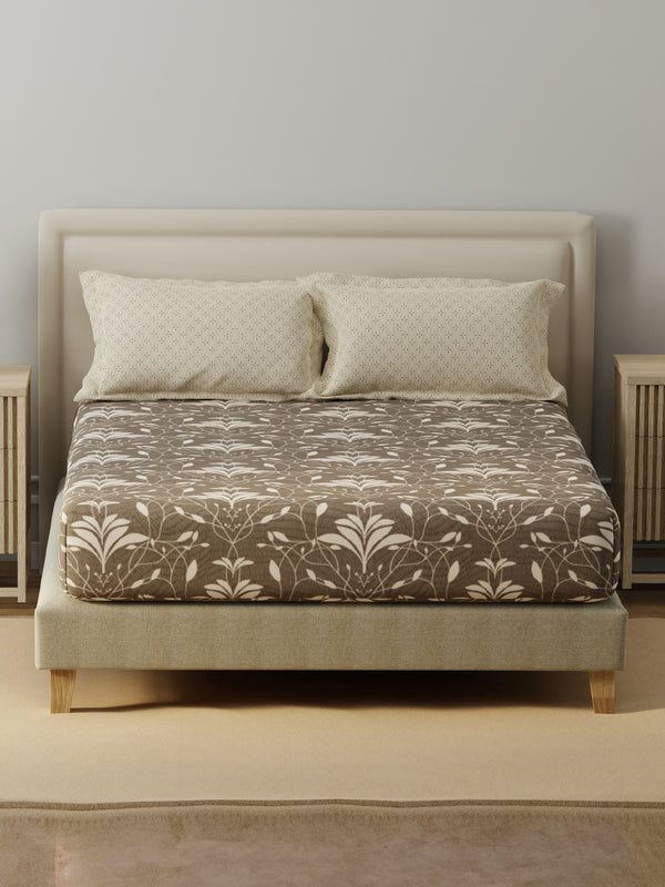 BasicX 100% Cotton 120 TC Grey Printed King Bedsheet with 2 Pillow Covers