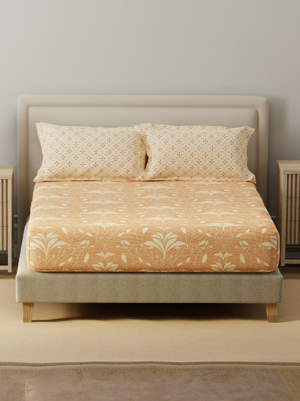 BasicX 100% Cotton 120 TC Orange Printed King Bedsheet with 2 Pillow Covers