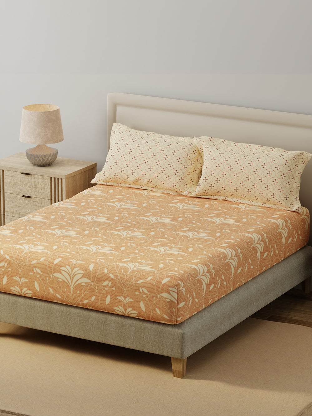 BasicX 100% Cotton 120 TC Orange Printed King Bedsheet with 2 Pillow Covers