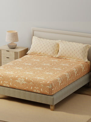 BasicX 100% Cotton 120 TC Orange Printed King Bedsheet with 2 Pillow Covers