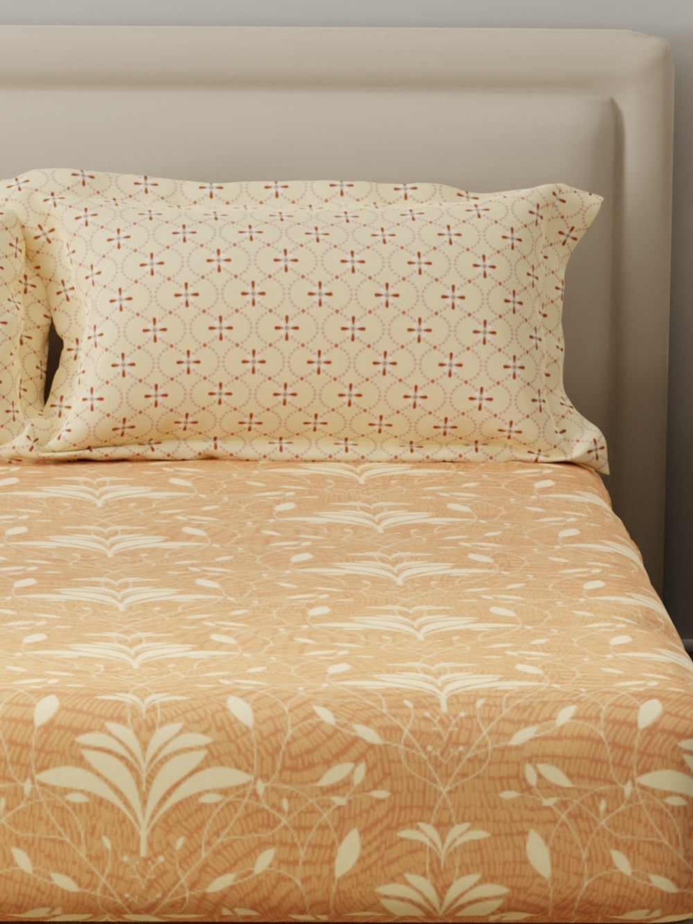 BasicX 100% Cotton 120 TC Orange Printed King Bedsheet with 2 Pillow Covers