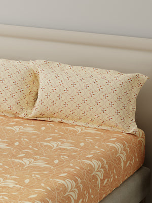 BasicX 100% Cotton 120 TC Orange Printed King Bedsheet with 2 Pillow Covers