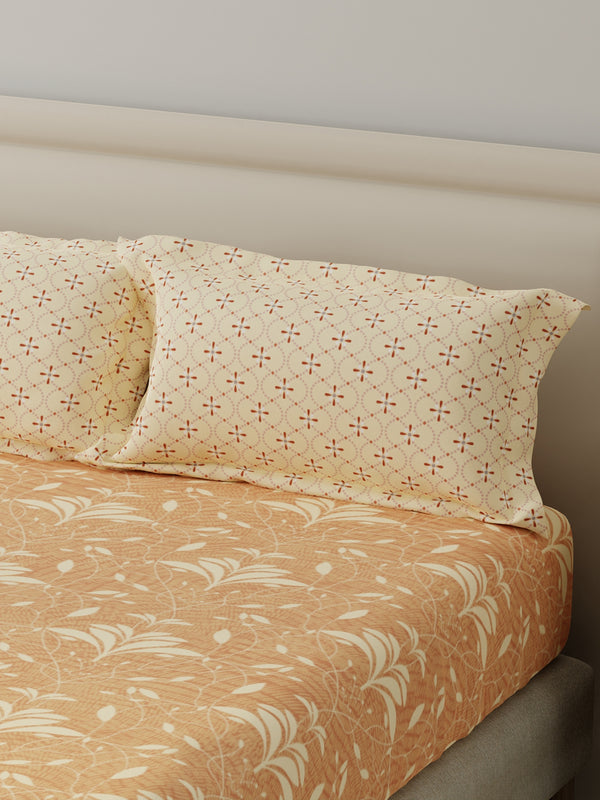 BasicX 100% Cotton 120 TC Orange Printed King Bedsheet with 2 Pillow Covers