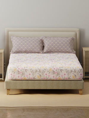 BasicX 100% Cotton 120 TC Purple & White Floral King Bedsheet with 2 Pillow Covers