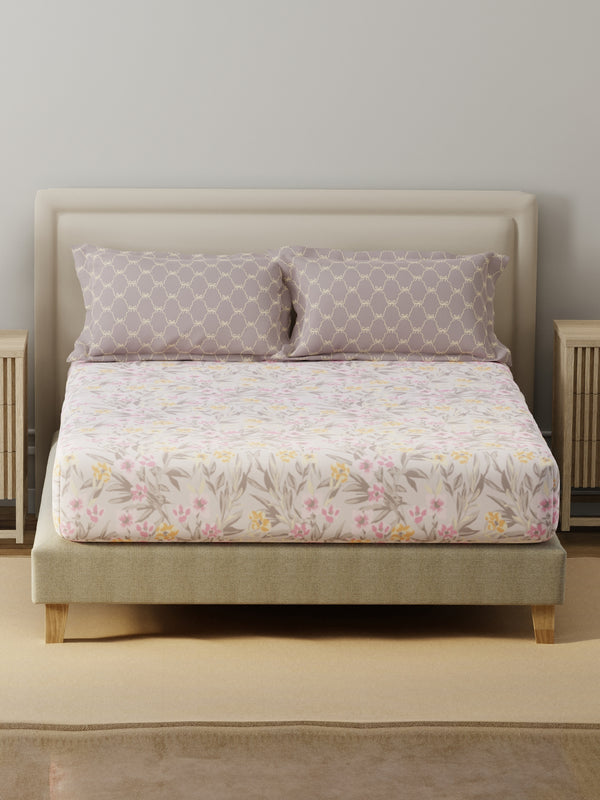 BasicX 100% Cotton 120 TC Purple & White Floral King Bedsheet with 2 Pillow Covers