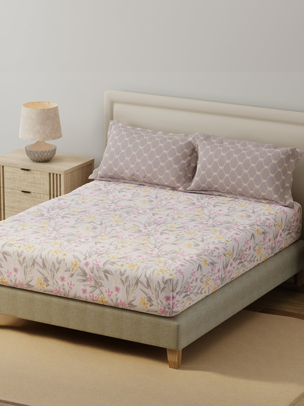 BasicX 100% Cotton 120 TC Purple & White Floral King Bedsheet with 2 Pillow Covers