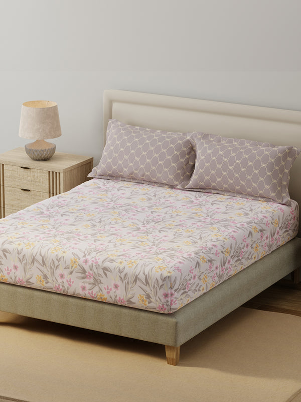 BasicX 100% Cotton 120 TC Purple & White Floral King Bedsheet with 2 Pillow Covers